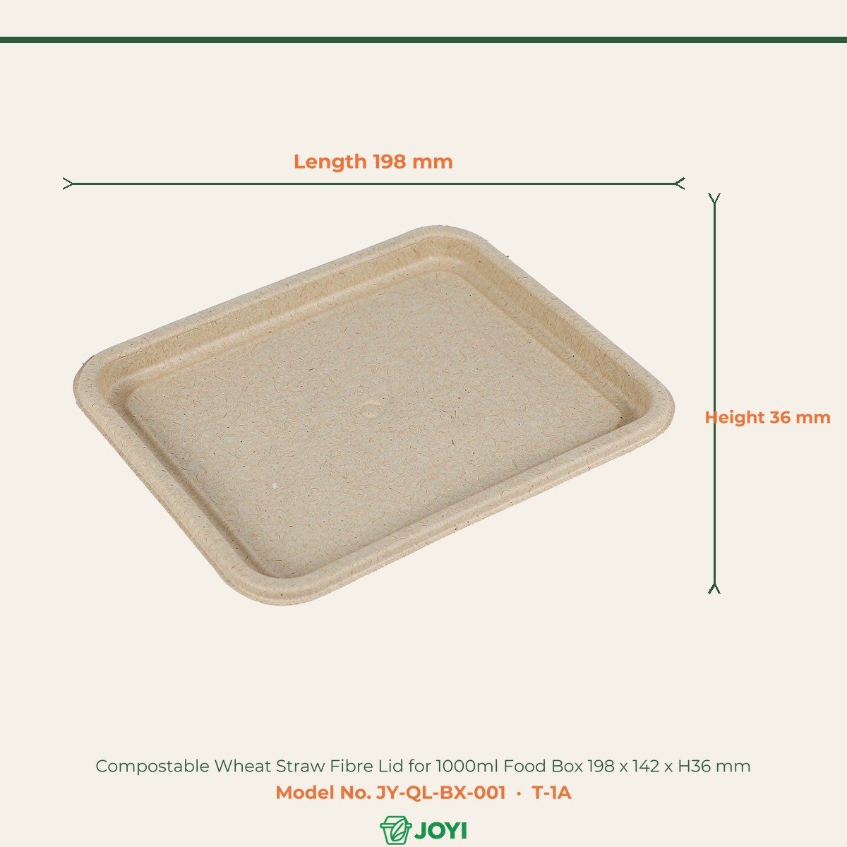 Compostable Wheat Straw Fibre Lid for 1000ml Food Box 198 x 142 x H36 mm
