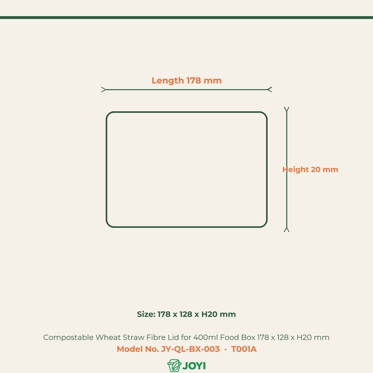 Compostable Wheat Straw Fibre Lid for 400ml Food Box 178 x 128 x H20 mm