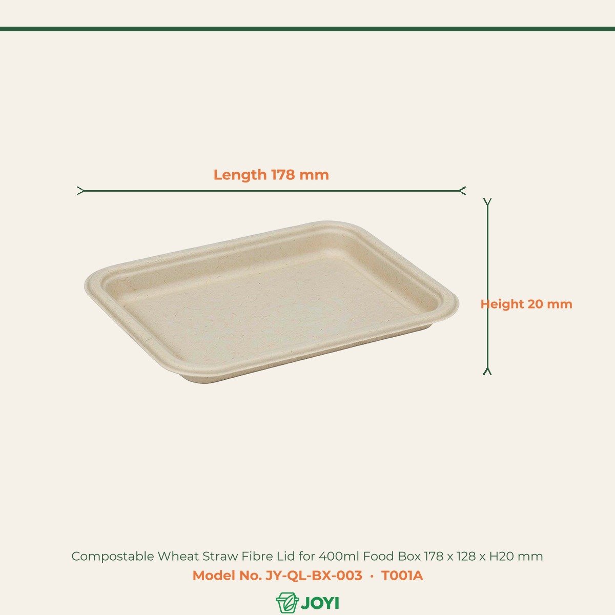 Compostable Wheat Straw Fibre Lid for 400ml Food Box 178 x 128 x H20 mm