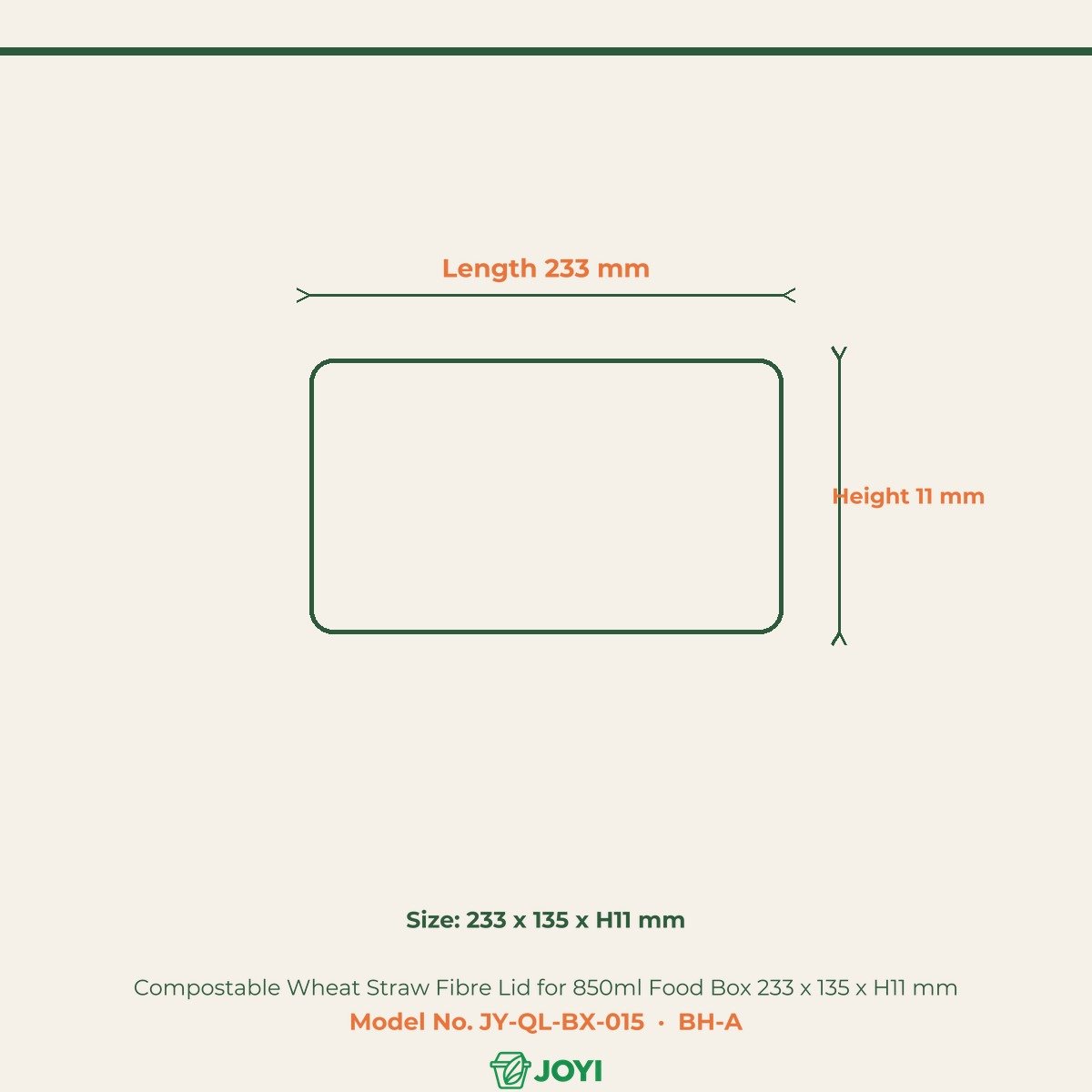 Compostable Wheat Straw Fibre Lid for 850ml Food Box 233 x 135 x H11 mm