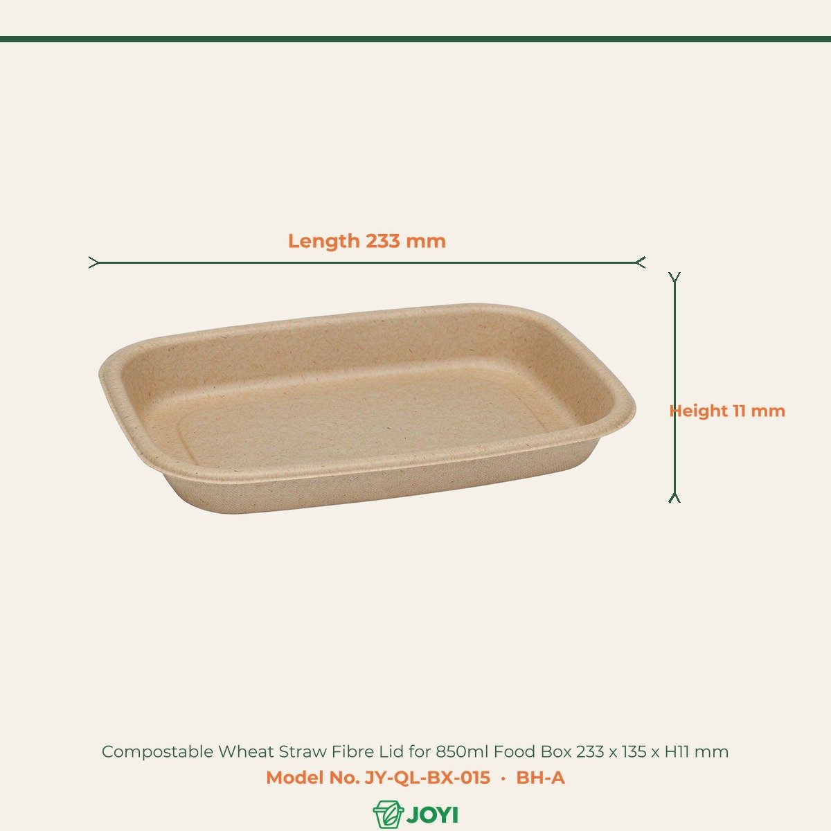 Compostable Wheat Straw Fibre Lid for 850ml Food Box 233 x 135 x H11 mm