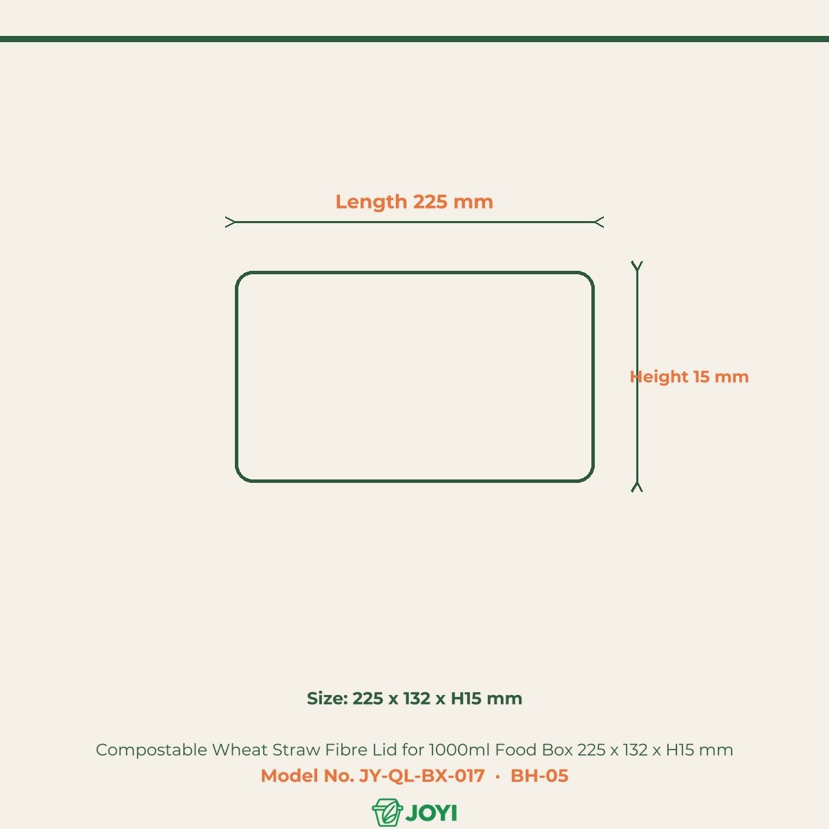 Compostable Wheat Straw Fibre Lid for 1000ml Food Box 225 x 132 x H15 mm