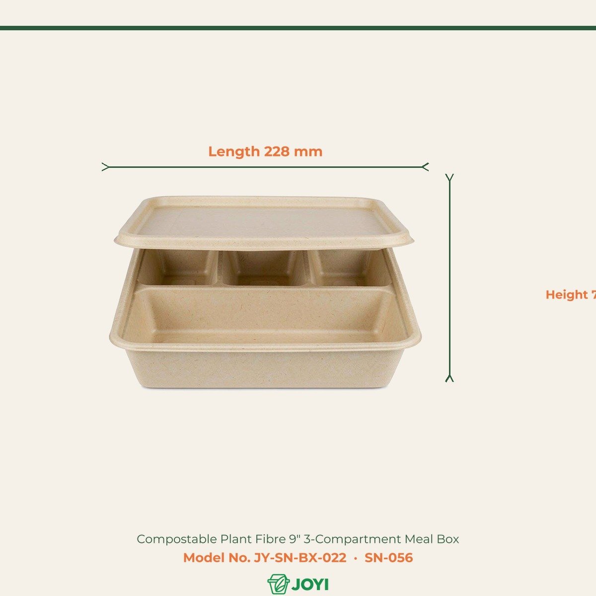 Compostable Plant Fibre 9" 3-Compartment Meal Box