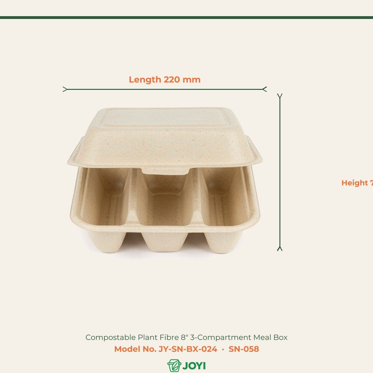 Compostable Plant Fibre 8" 3-Compartment Meal Box