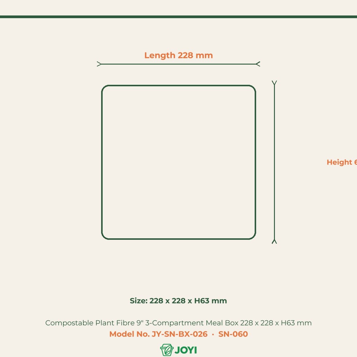 Compostable Plant Fibre 9" 3-Compartment Meal Box 228 x 228 x H63 mm