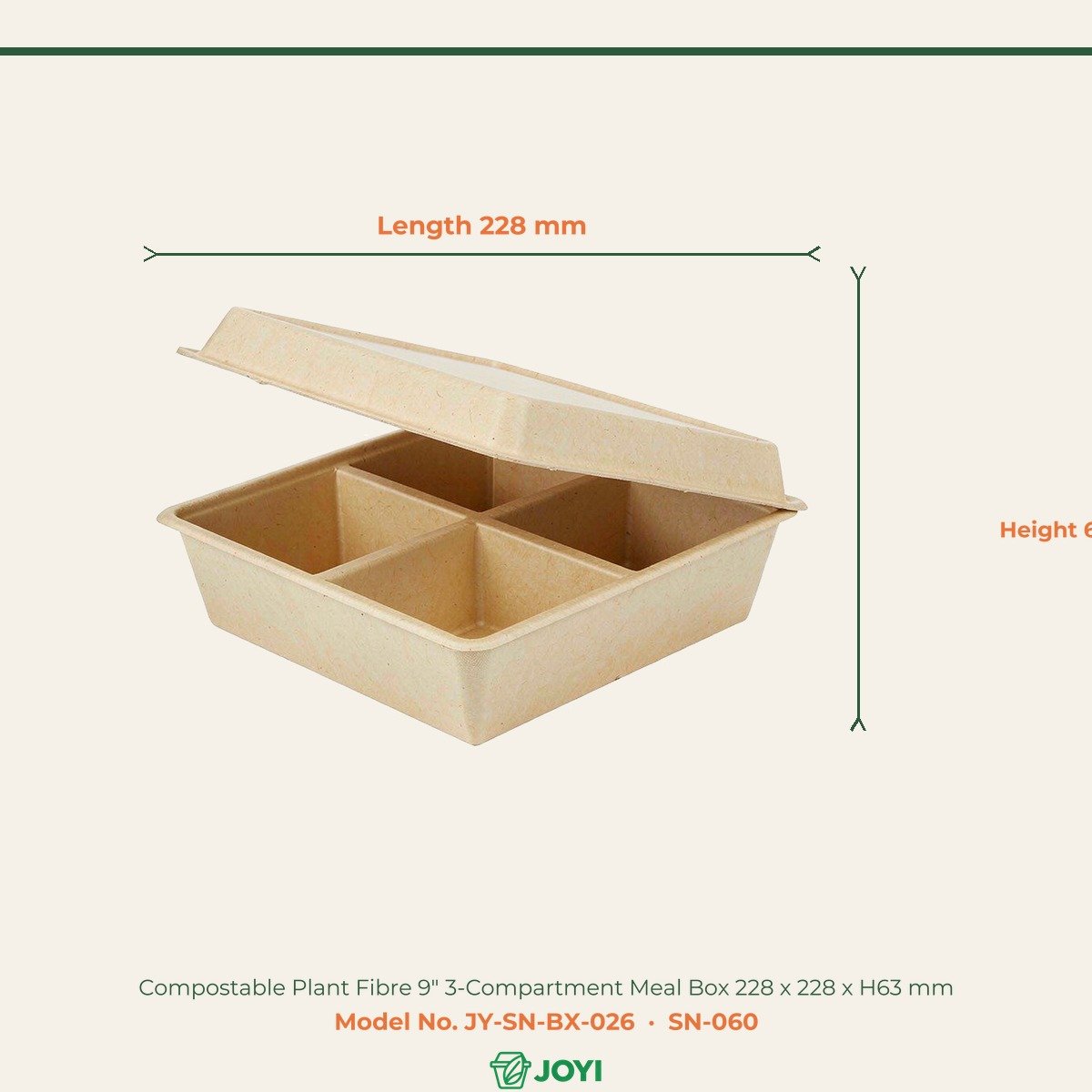 Compostable Plant Fibre 9" 3-Compartment Meal Box 228 x 228 x H63 mm