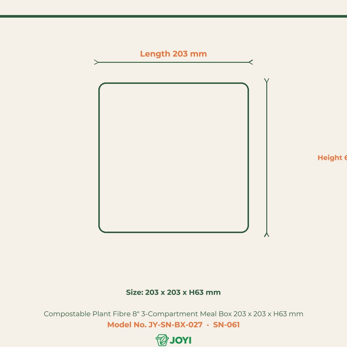 Compostable Plant Fibre 8" 3-Compartment Meal Box 203 x 203 x H63 mm