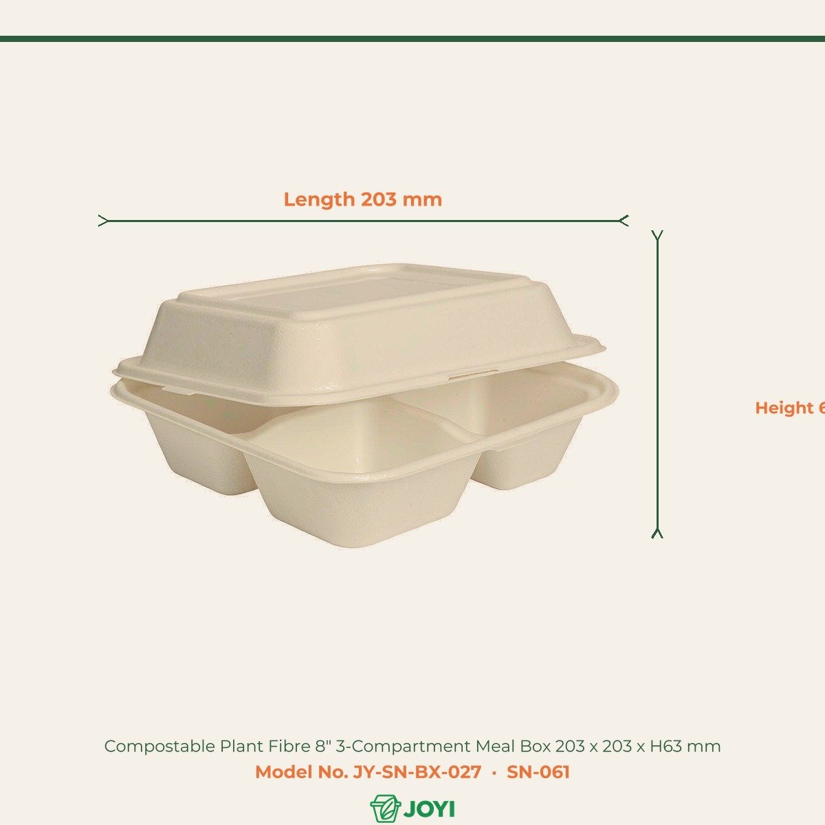 Compostable Plant Fibre 8" 3-Compartment Meal Box 203 x 203 x H63 mm