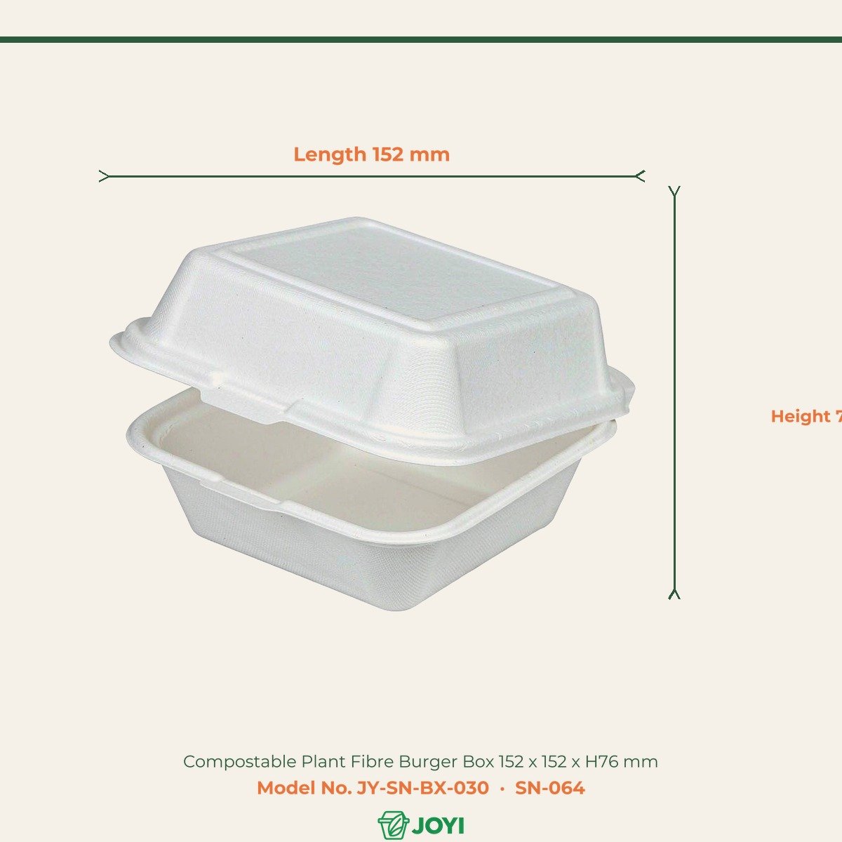 Compostable Plant Fibre Burger Box 152 x 152 x H76 mm