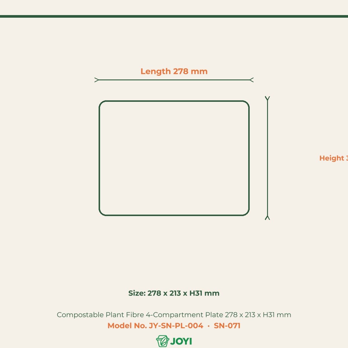 Compostable Plant Fibre 4-Compartment Plate 278 x 213 x H31 mm