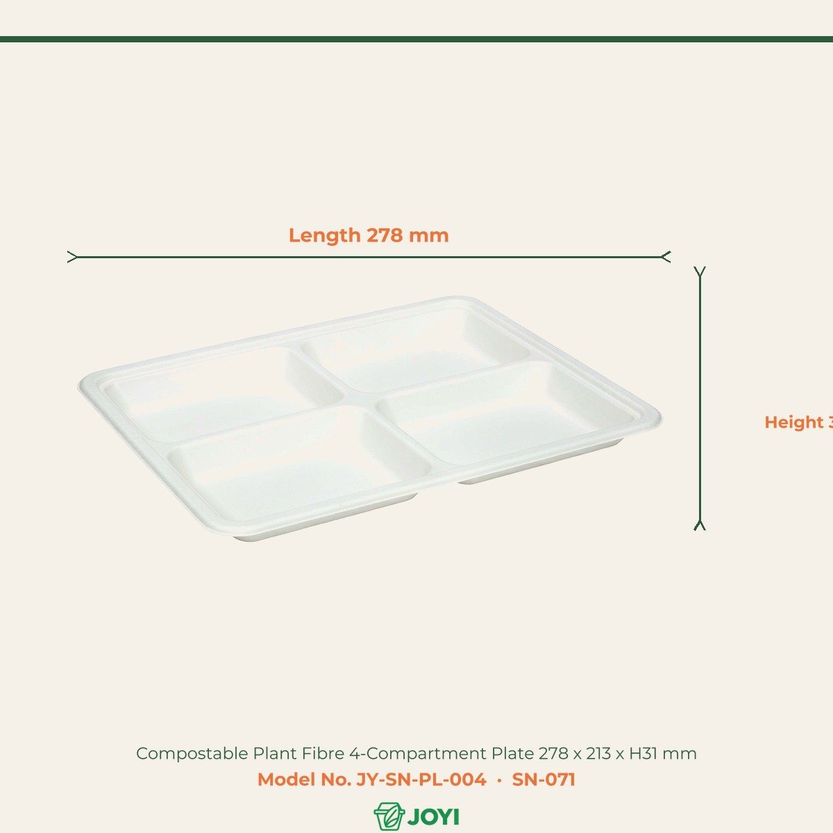 Compostable Plant Fibre 4-Compartment Plate 278 x 213 x H31 mm
