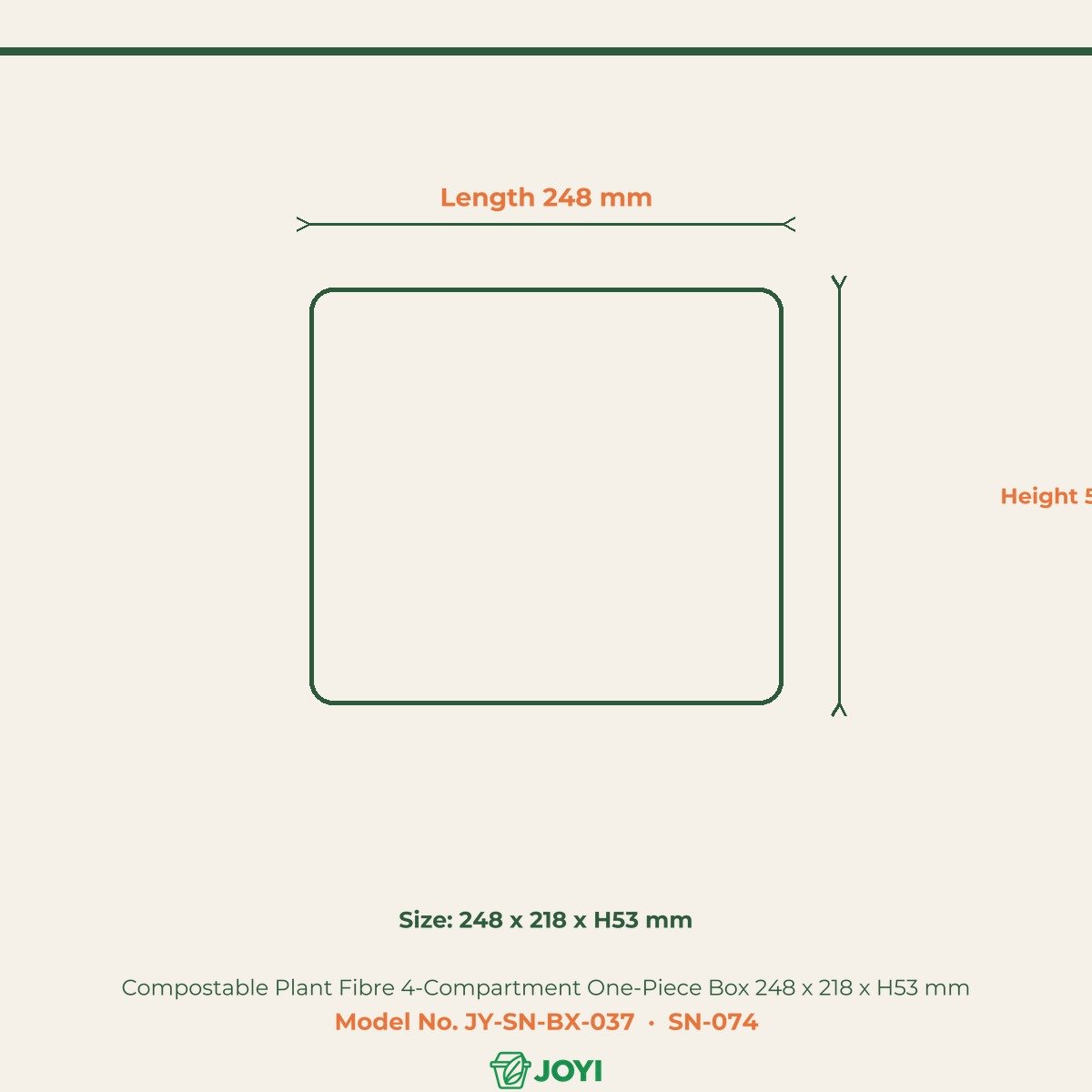 Compostable Plant Fibre 4-Compartment One-Piece Box 248 x 218 x H53 mm