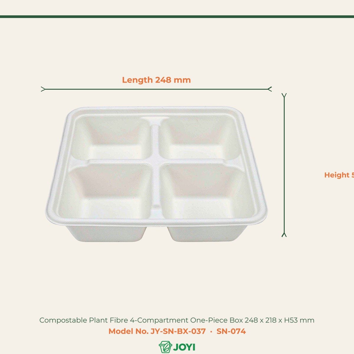 Compostable Plant Fibre 4-Compartment One-Piece Box 248 x 218 x H53 mm