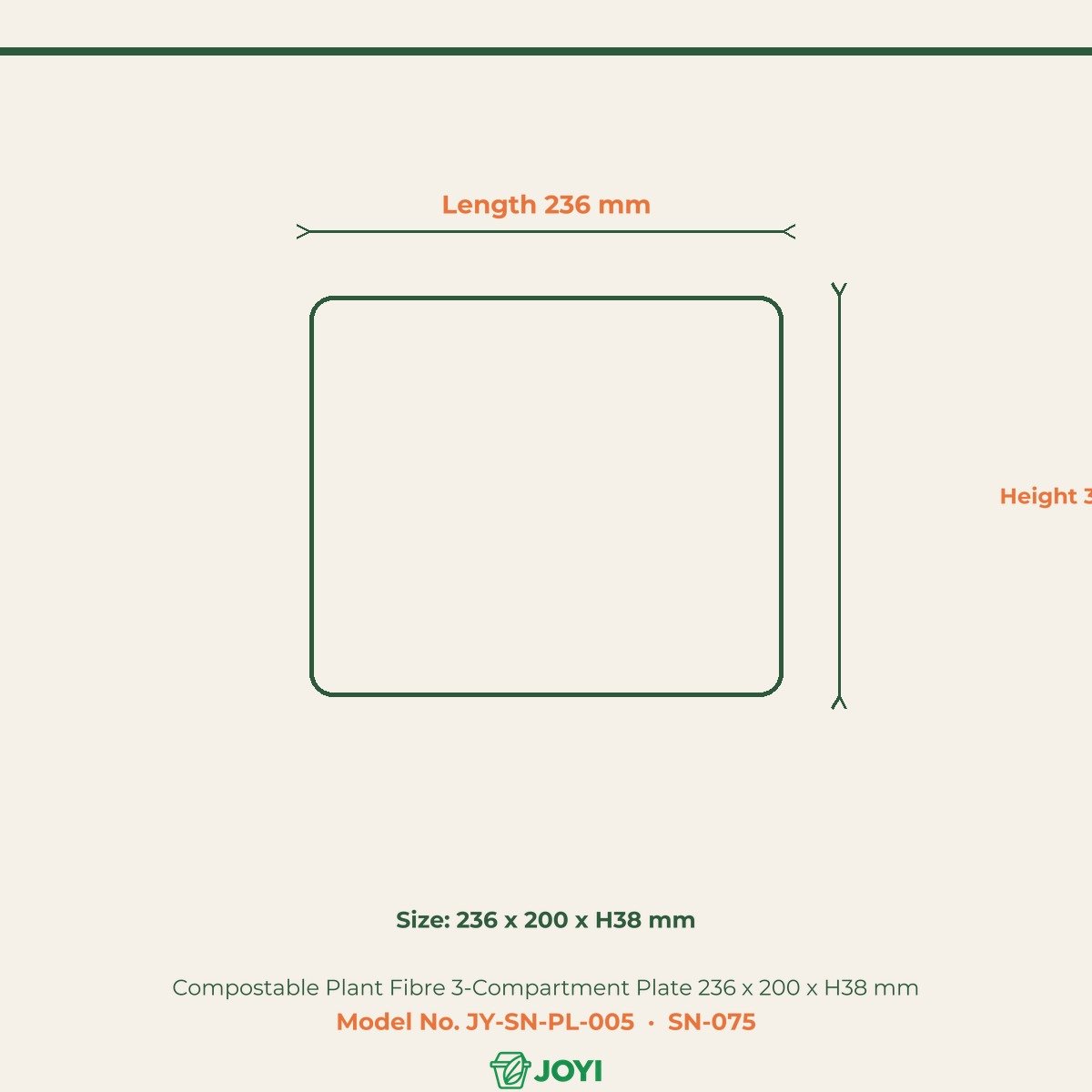 Compostable Plant Fibre 3-Compartment Plate 236 x 200 x H38 mm
