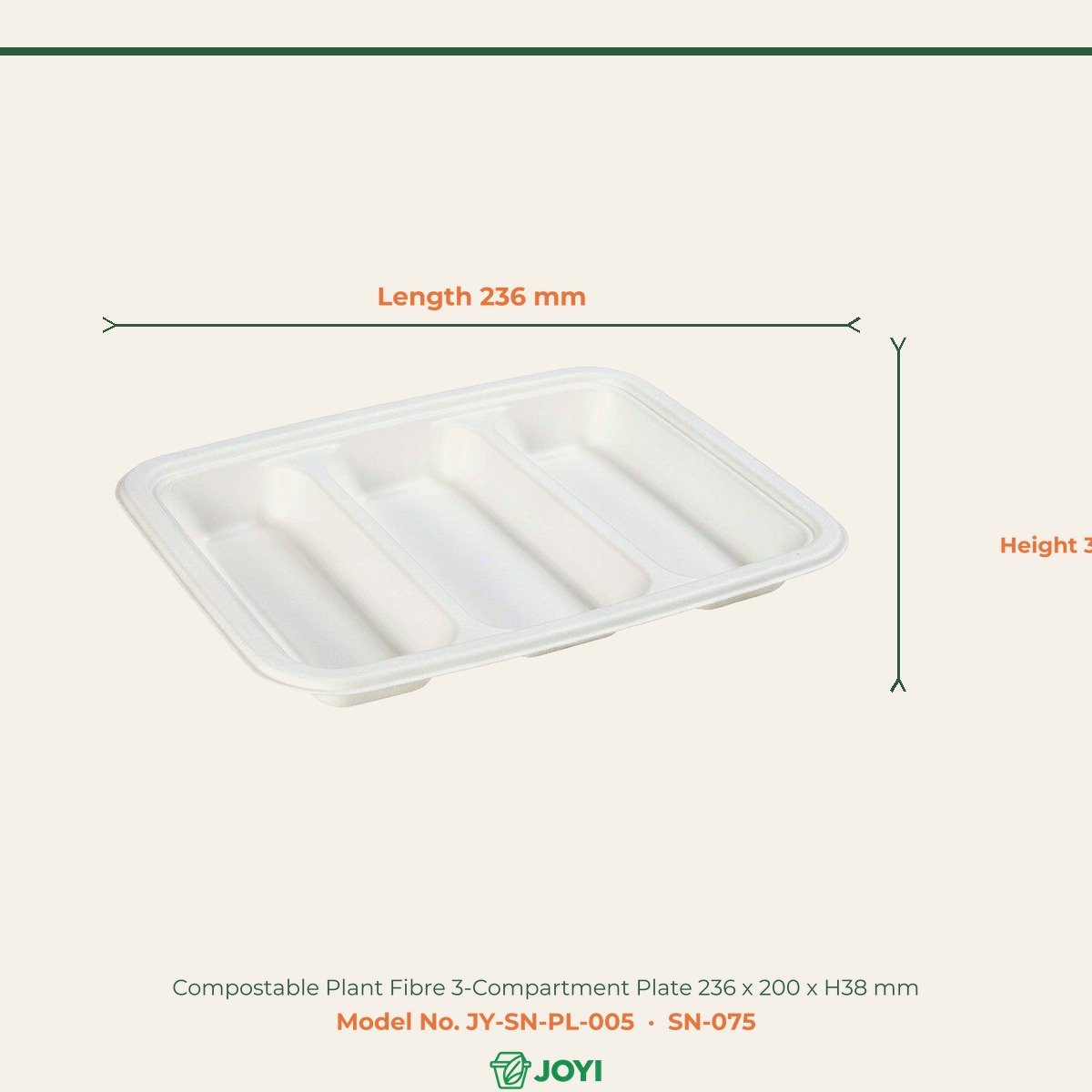 Compostable Plant Fibre 3-Compartment Plate 236 x 200 x H38 mm