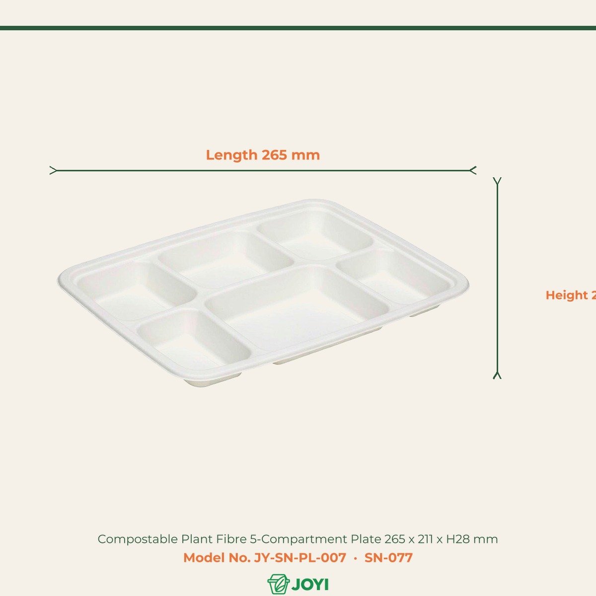 Compostable Plant Fibre 5-Compartment Plate 265 x 211 x H28 mm