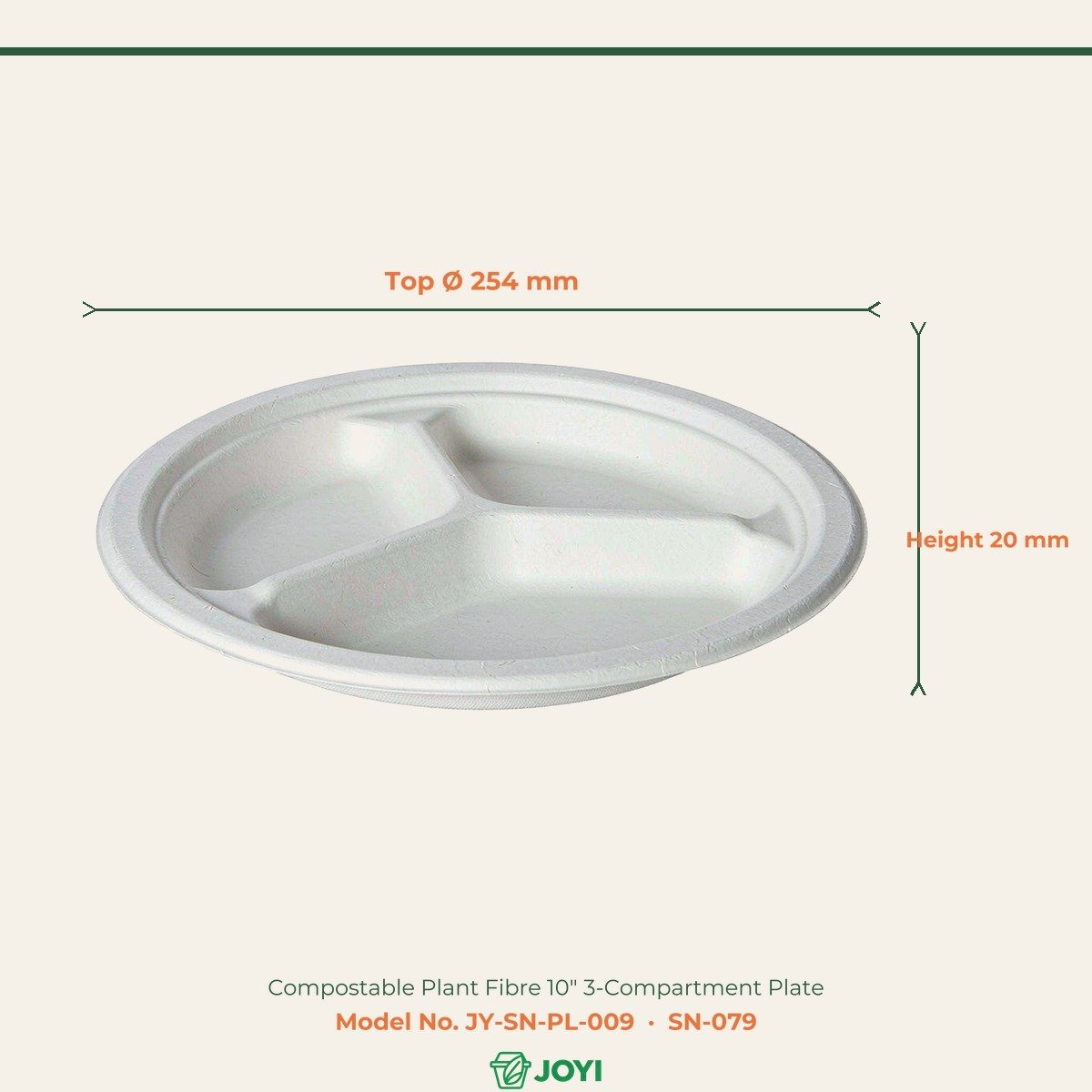 Compostable Plant Fibre 10" 3-Compartment Plate