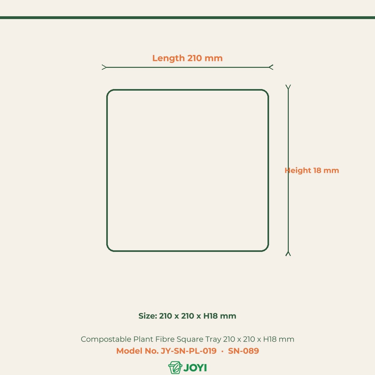 Compostable Plant Fibre Square Tray 210 x 210 x H18 mm