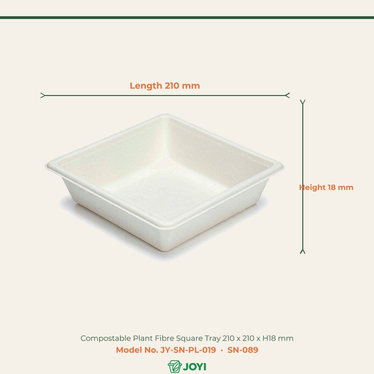 Compostable Plant Fibre Square Tray 210 x 210 x H18 mm