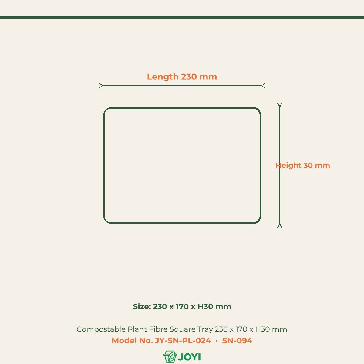 Compostable Plant Fibre Square Tray 230 x 170 x H30 mm