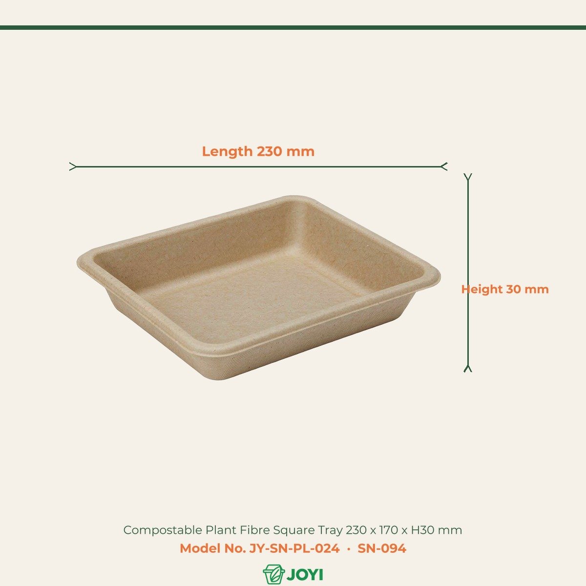 Compostable Plant Fibre Square Tray 230 x 170 x H30 mm