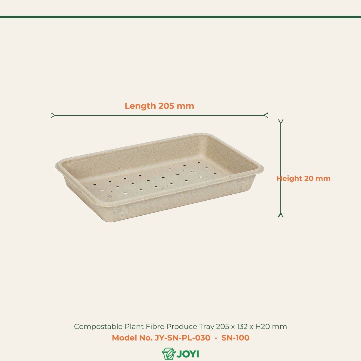 Compostable Plant Fibre Produce Tray 205 x 132 x H20 mm
