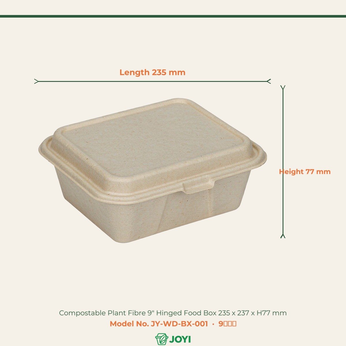 Compostable Plant Fibre 9" Hinged Food Box 235 x 237 x H77 mm