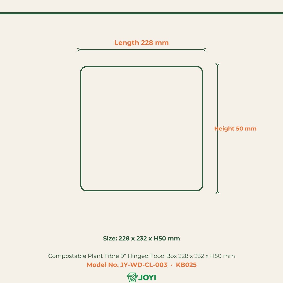 Compostable Plant Fibre 9" Hinged Food Box 228 x 232 x H50 mm