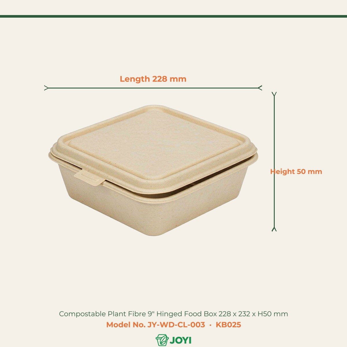 Compostable Plant Fibre 9" Hinged Food Box 228 x 232 x H50 mm