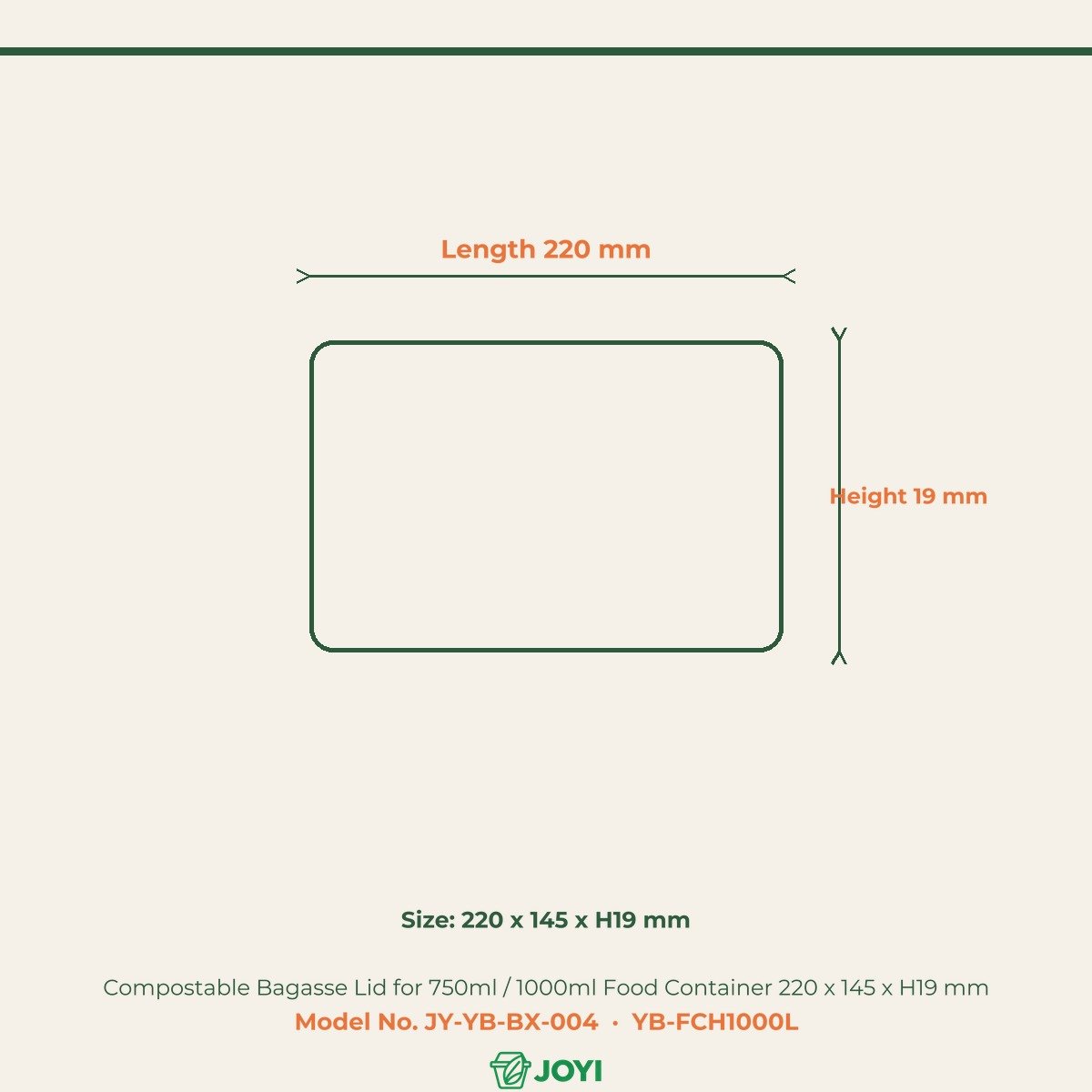Compostable Bagasse Lid for 750ml / 1000ml Food Container 220 x 145 x H19 mm
