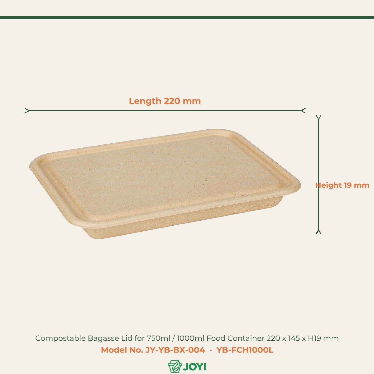 Compostable Bagasse Lid for 750ml / 1000ml Food Container 220 x 145 x H19 mm