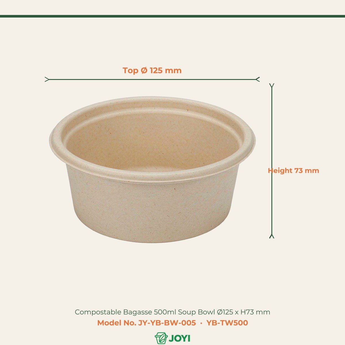 Compostable Bagasse 500ml Soup Bowl Ø125 x H73 mm
