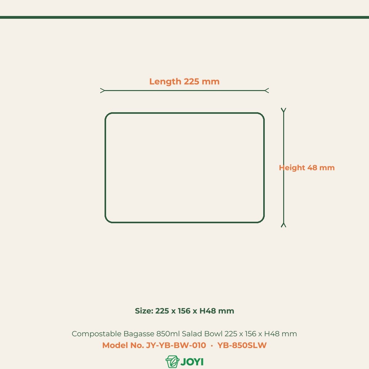 Compostable Bagasse 850ml Salad Bowl 225 x 156 x H48 mm