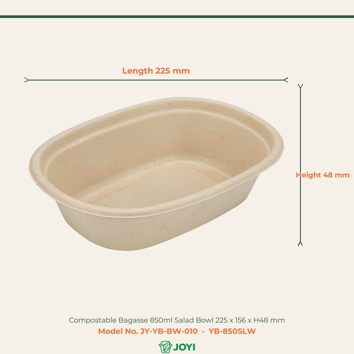Compostable Bagasse 850ml Salad Bowl 225 x 156 x H48 mm