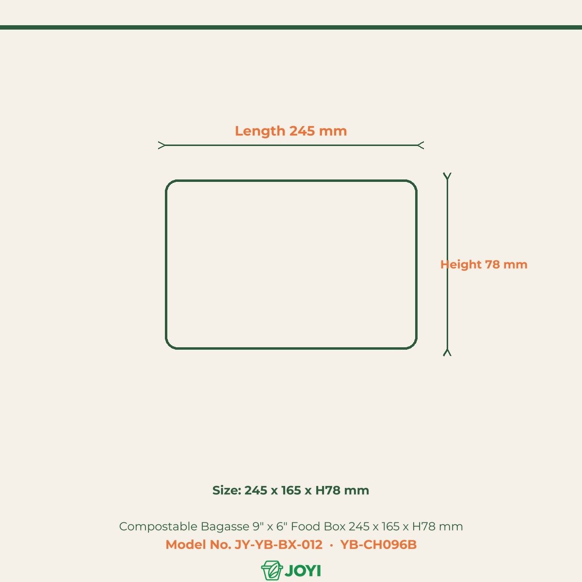 Compostable Bagasse 9" x 6" Food Box 245 x 165 x H78 mm