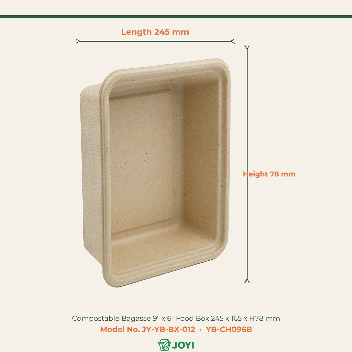 Compostable Bagasse 9" x 6" Food Box 245 x 165 x H78 mm