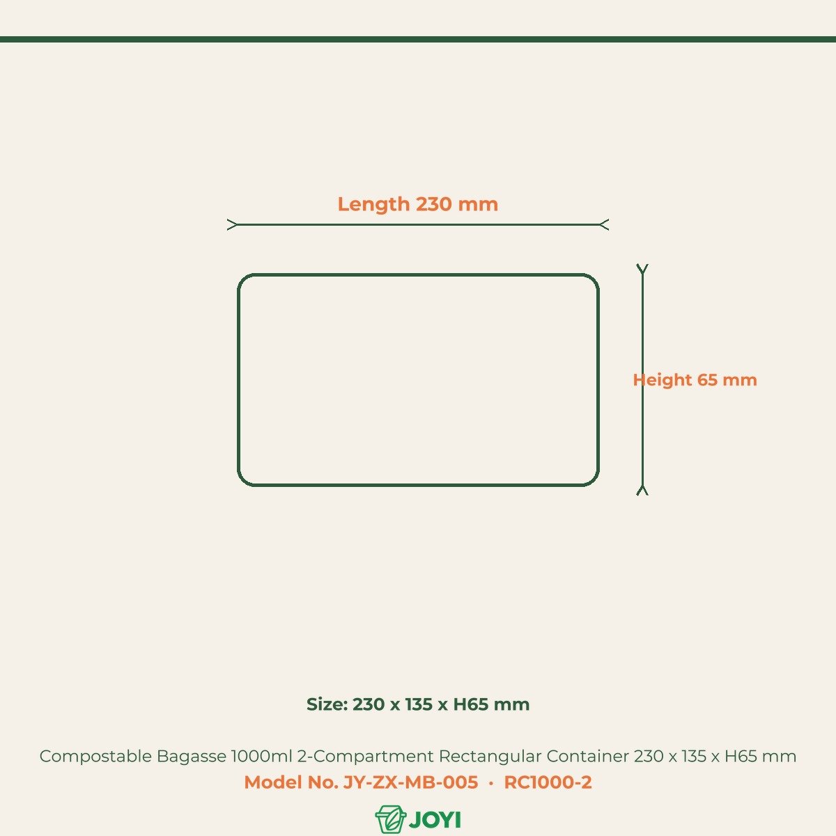 Compostable Bagasse 1000ml 2-Compartment Rectangular Container 230 x 135 x H65 mm - Image 4