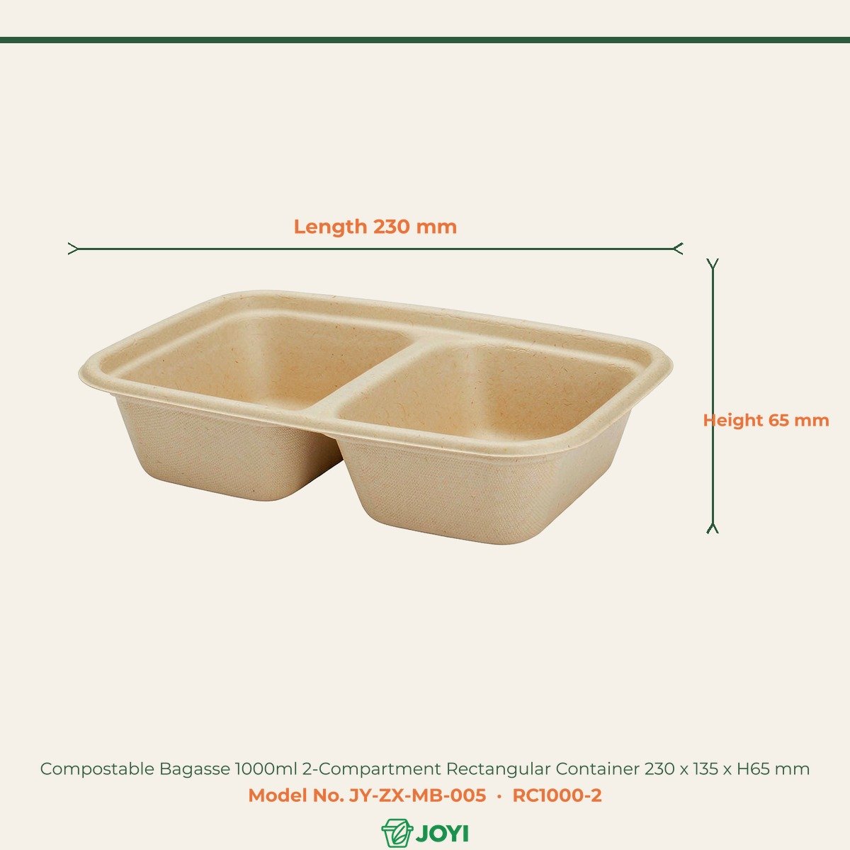 Compostable Bagasse 1000ml 2-Compartment Rectangular Container 230 x 135 x H65 mm - Image 2