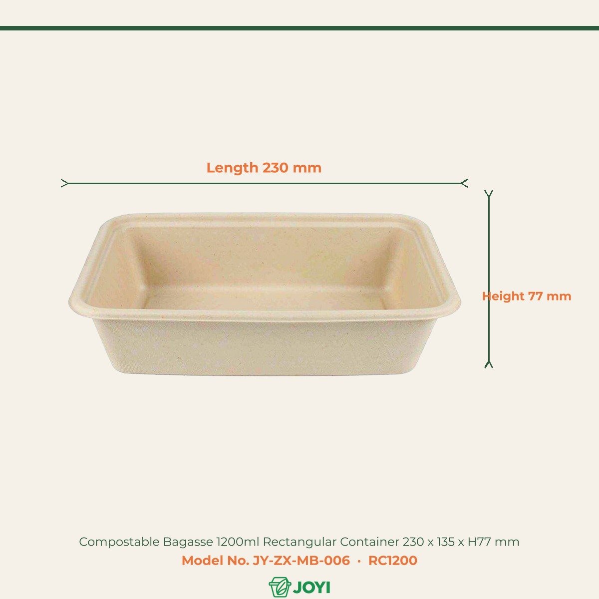 Compostable Bagasse 1200ml Rectangular Container 230 x 135 x H77 mm - Image 2