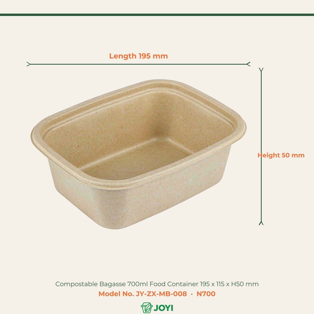 Compostable Bagasse 700ml Food Container 195 x 115 x H50 mm - Image 2