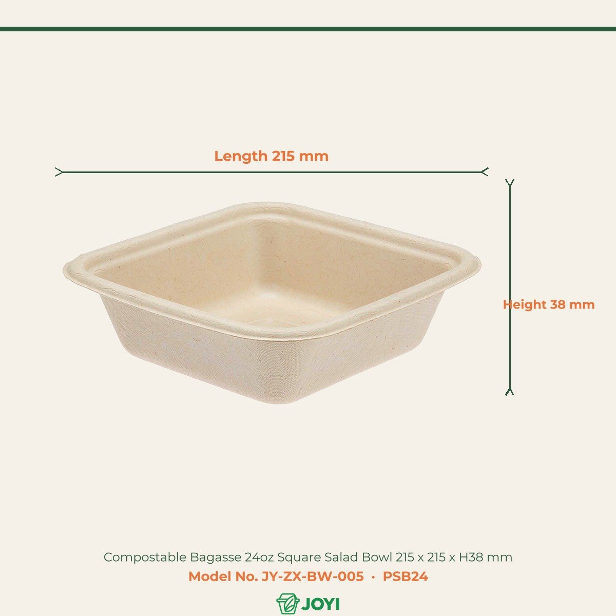 Compostable Bagasse 24oz Square Salad Bowl 215 x 215 x H38 mm - Image 2