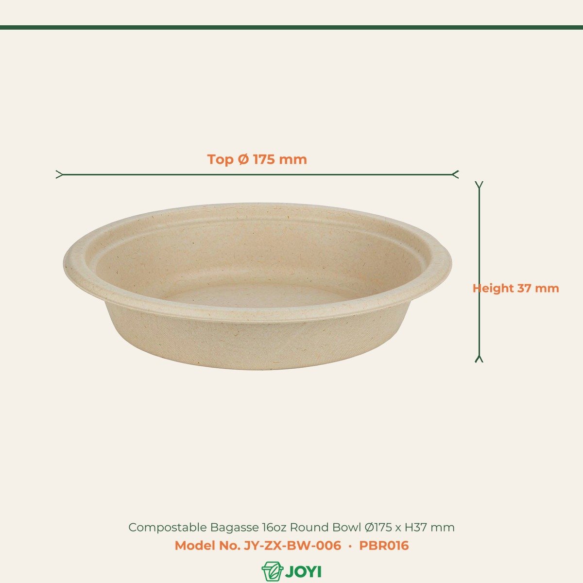 Compostable Bagasse 16oz Round Bowl Ø175 x H37 mm - Image 2
