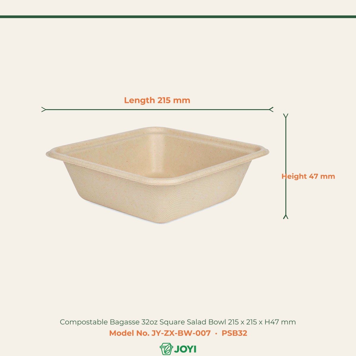 Compostable Bagasse 32oz Square Salad Bowl 215 x 215 x H47 mm - Image 2