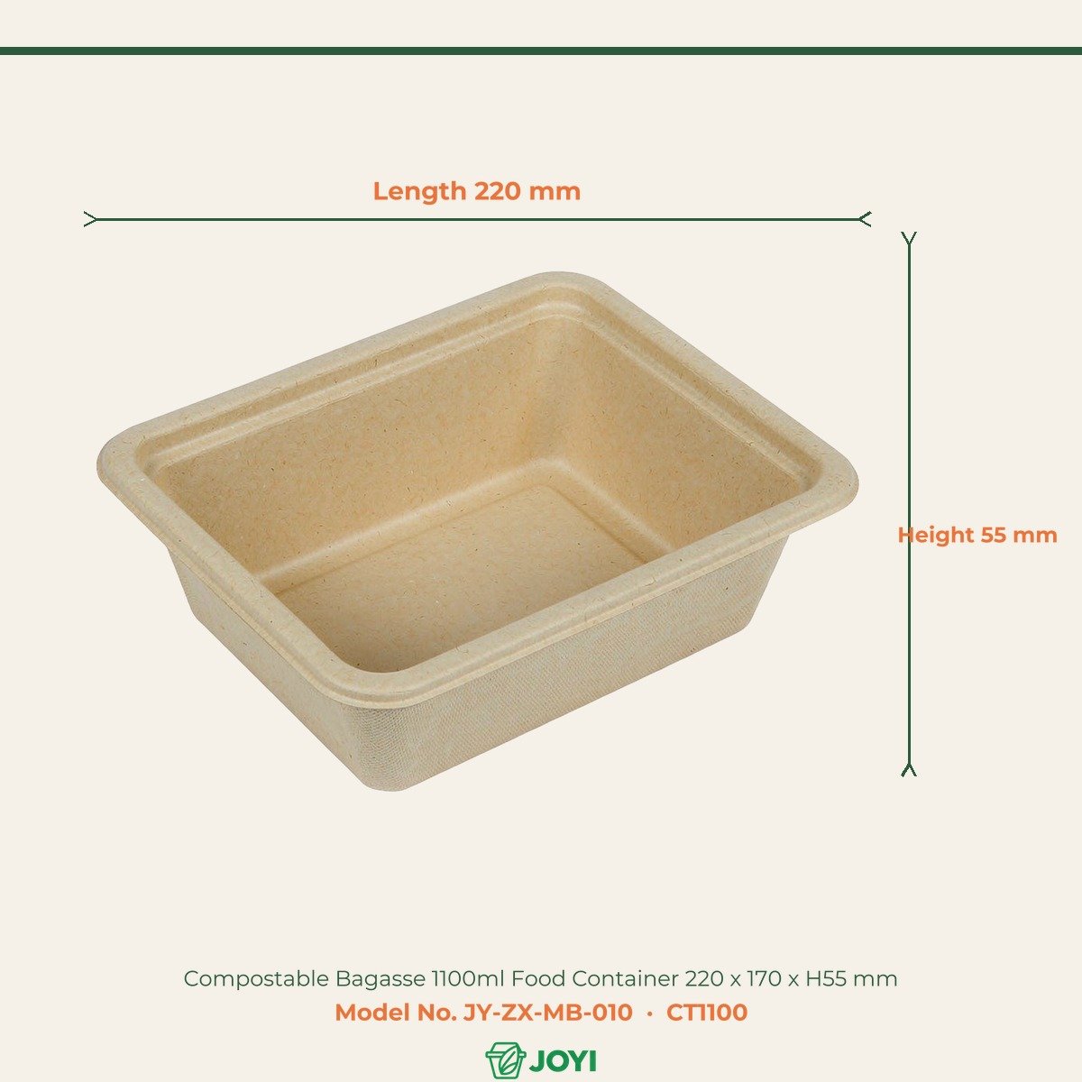Compostable Bagasse 1100ml Food Container 220 x 170 x H55 mm - Image 2