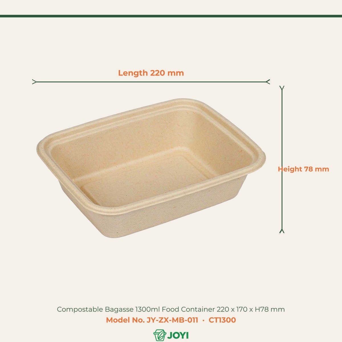 Compostable Bagasse 1300ml Food Container 220 x 170 x H78 mm - Image 2