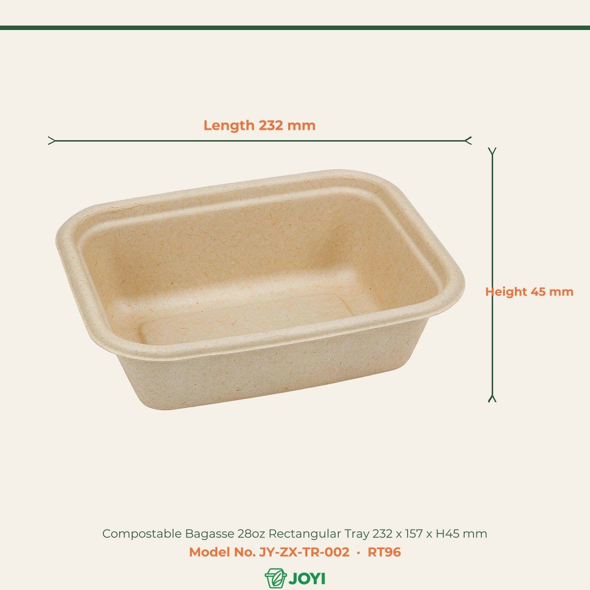 Compostable Bagasse 28oz Rectangular Tray 232 x 157 x H45 mm - Image 2